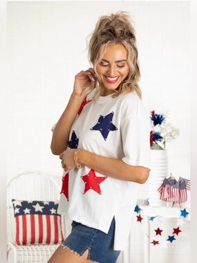 White Birch Patch Stars with Studs Short Sleeve Top